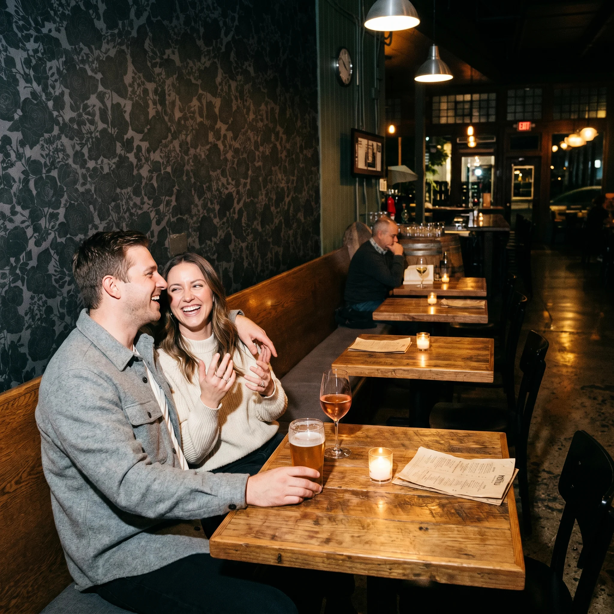 A couple laughing together at a candlelit banquette table in the ENSO Tasting Lounge, tables and warm lamps stretching toward the door